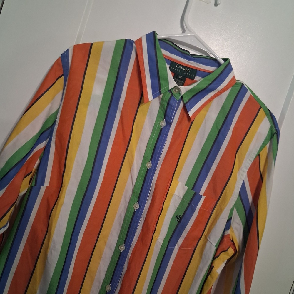 VTG 90s Lauren Ralph Lauren Button Down 1X Multi Color Stripe Cotton Preppy